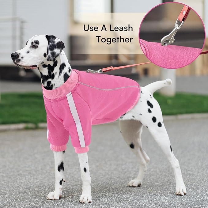 Queenmore Fleece Dog Sweater for Girl Dogs, Pullover Pink Dog Sweatshirt Sweatshirt with Leash Hole, Reflective Stripes – Cozy Winter Fleece Jacket for Small/Medium/Large Femal Puppy XS