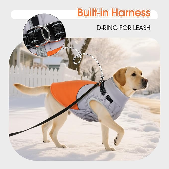 DENTRUN Dog Coat with Harness Built in, Easy On/Off Zipper Closure Winter Dog Vest, Fleece Lined Warm Jacket with Reflective for Labrador, Orange, L