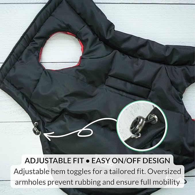 DJANGO Reversible Puffer Dog Coat – Warm Winter Dog Jacket & Water-Repellent Insulated Dog Coat with Harness Hole, Windproof, Adjustable Fit Vest for Small & Medium Dogs, Dachshunds – Black, Medium