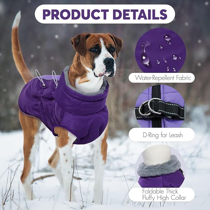 IDOMIK Warm Dog Coat with Harness, Waterproof Reflective Dog Jackets for Small Medium Large Dogs, Fleece High Collar Winter Jacket with Zipper, Pet Winter Snowsuit Clothes for Cold Weather,Purple 3XL