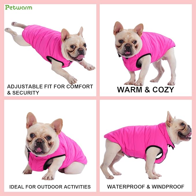 PetWarm Reversible Dog Winter Coat, Windproof Dog Puffer Vest, Soft Vest for Dogs with Hook-and-Loop Strap for Easy Dressing, Waterproof Coat for Dogs with Adjustable Fit, Pink, XL