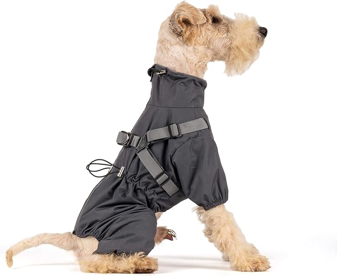 Mile High Life Waterproof Dog Raincoat, Full Coverage Small Dog Rain Coat with Harness, Adjustable 4 Legs Puppy Rain Jacket with Reflective Strip and Elastic Cuffs (Gray, XS Back Length 11.4")