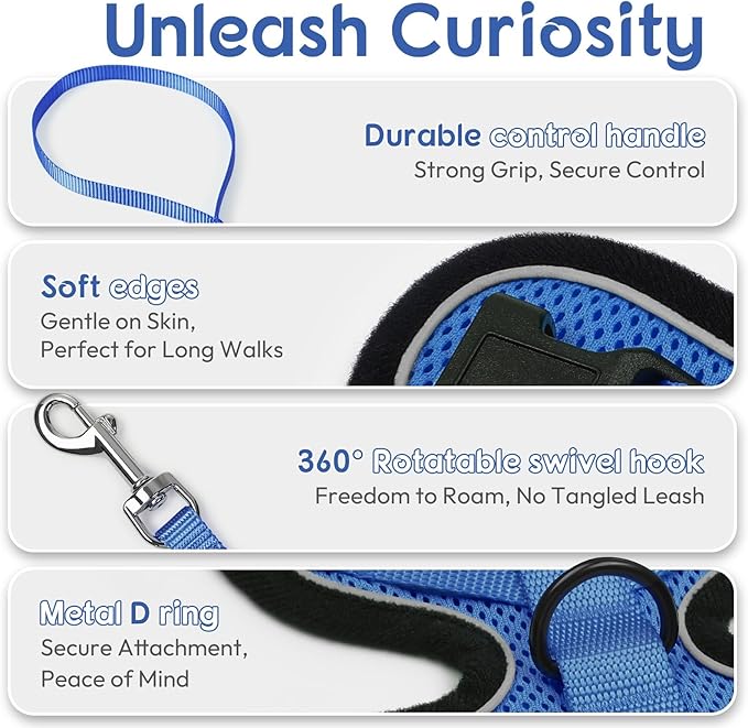 Dooradar Cat Harness and Leash Set, Escape Proof Safe Adjustable Kitten Vest Harnesses for Walking, Easy Control Soft Breathable Mesh Jacket with Reflective Strips for Cats, Blue, XS