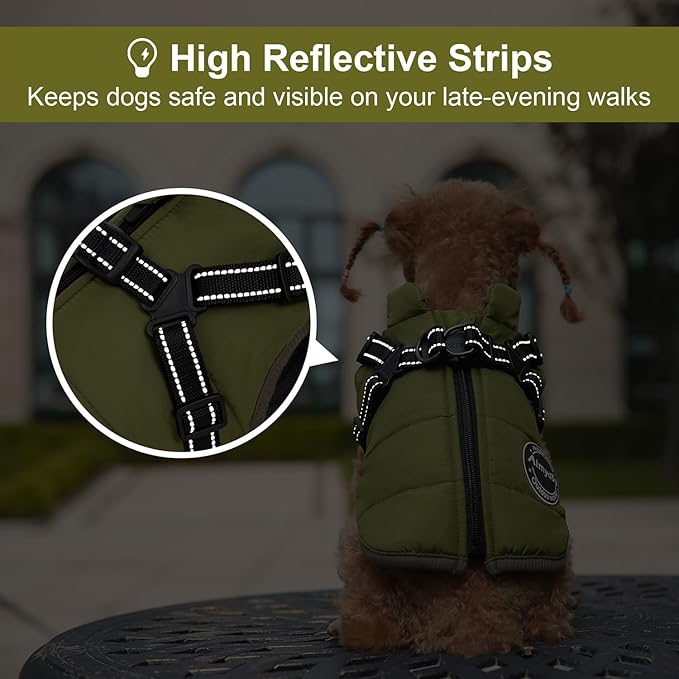Warm Dog Winter Coat, Fashion Sports Cold Weather Jacket with Built-in Harness, Reflective & Adjustable Comfortable Pet Vest, Waterproof Windproof Apparel for Small Medium Large Dogs (Green)