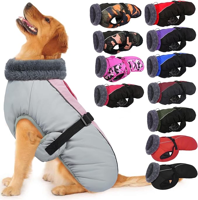 IECOii Extra Warm XXL Dog Coat - Reflective, Adjustable Dog Jacket for Cold Weather Outdoor, Waterproof Windproof Dogs Winter Jacket with Soft Fleece Lined, Machine Washable for Large Dogs, Pink, 2XL
