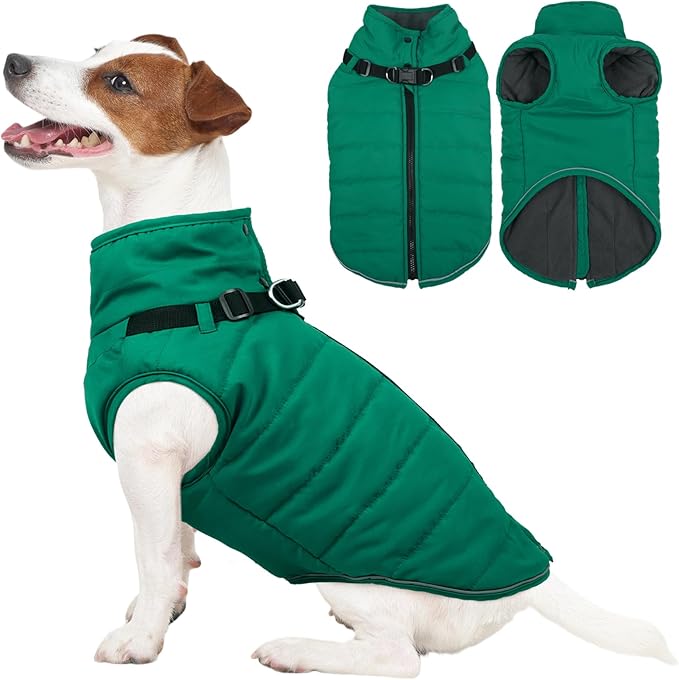 Kuoser Dog Jacket, Warm Dog Coat with Harness Built in for Small Dogs, Puppy Winter Jacket Pet Clothes for Cold Weather, Windproof Doggie Winter Vest for Chihuahua Yorkie, Green XS