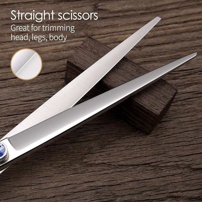 Left Handed Dog Grooming Scissors Kit 8 in Professional Curved Thinning Straight Shear 3pcs Set for Grooming Big Dogs Poodle Pet Japan 440C Stainless Steel(8.0'' Kit, 4Pcs)
