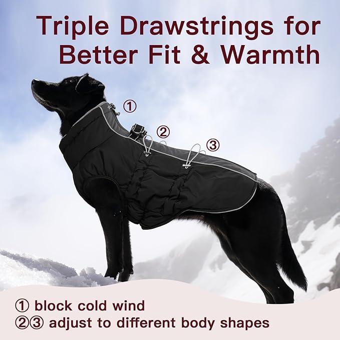 Dog Winter Jacket - Large, Warm Zip Up Snowsuit Dog Harness Vest, Reflective, Water-Resistant, Black
