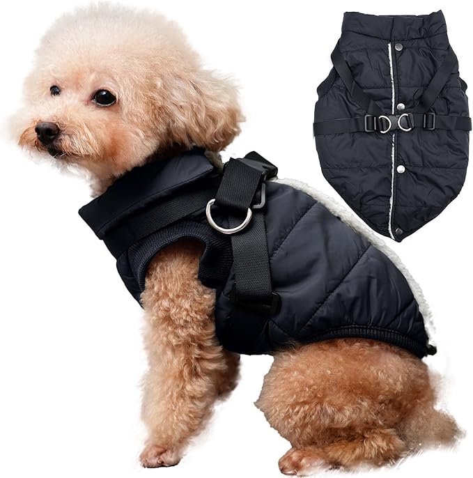 Dog Jacket with Harness,Fleece Lined Warm Puppy Coat for Winter,Soft Windproof Medium Dog Vest,Black L