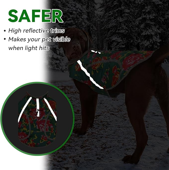 VIVAGLORY Frostfit Dog Coat, Dog Jacket for Winter & Cold Weather, Warm Fluffy Fleece Lined Water Resistant Reflective for Puppy, Coat with Velcro Fastening & Leash Hole, S, Northeast Florals-Green