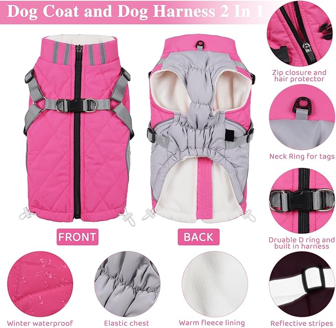 Gyuzh Dog Coat with Harness Dog Jacket Winter Waterproof Dog Coats Dog Harness Coat Cold Weather Winter Dog Coat with Harness Built in for Small Medium Large Dogs