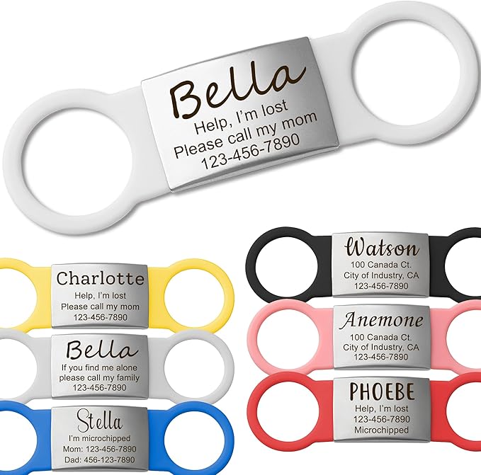 Anavia Slide On Silent Pet ID Tags, S/M/L/XL Personalized Multi-Color Silicone Band Cat Dog Name Tags, Customized Engraved Stainless Steel, Chew-Proof Quiet Dog Collar Tags (Medium, White)