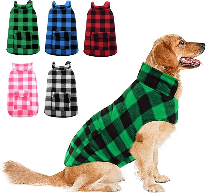 ASENKU Dog Winter Coat, Fleece Doggie Jacket Plaid Reversible Vest Waterproof Windproof Cold Weather Clothes for Small Medium Large Dogs (Green, XL)