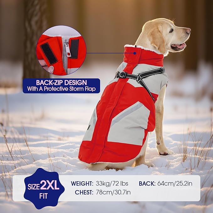 FUAMEY Dog Winter Jackets for Large Dogs,Dog Coat with Harness Built in,Waterproof Dogs Snowsuits Warm Pet Jacket Zip Up Fleece Cold Weather Coats Reflective Puppy Vest with Pocket Red 3XL