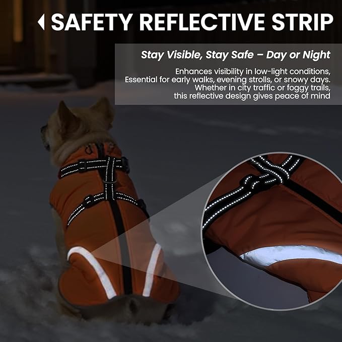 QBLEEV Dog Coat for Small Dogs, Waterproof Dog Jacket with Built-in Harness, Puppy Cold Weather Coats Reflective Vest, Windproof Warm Fleece Snowsuit Winter Coat for Chihuahua, Yorkie, Orange, XS