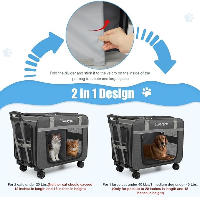 Extra Large Pet Cat Carrier with Wheels, Rolling Pet Carrier for 2 Cats or Medium Dog, 24" X 15" X 17" Portable Dog Cat Crate for Large Cat, Support up to 40 Lbs, Grey