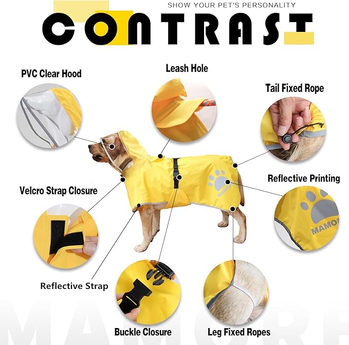 MAMORE Dog Raincoat Hooded Rain Jacket for Small Medium Large Dogs Slicker Poncho Bottom Waterproof Adjustable Reflective Breathable Leash Hole (Yellow, X-Large)