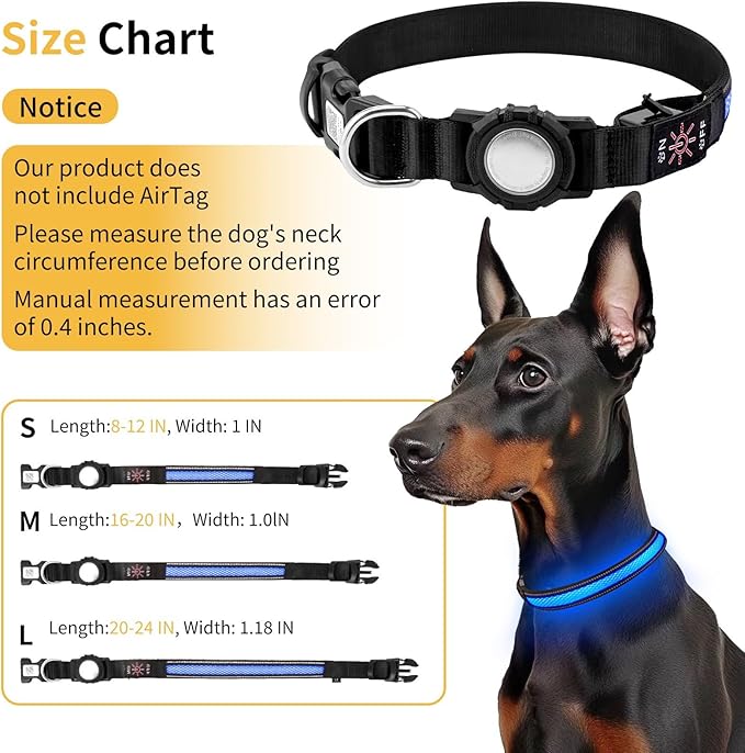 Upgraded Air Tracker Tags Dogew Collar with QR Code & LED Light, IP68 Waterproof Rechargeable Pet Collar with Reflective Strips, Heavy Duty Dog Collars for Small/Medium/Large Dogs (Blue, M(16-20 in))