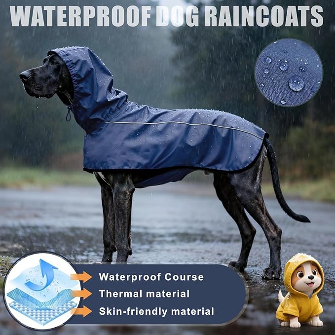 Mosucoirl Dog Raincoat Jacket Reflective Adjustable Hooded Pet Poncho Rain Coats with Leash Hole Waterproof Clothes for Small Medium Large Dogs (NavyBlue, S)