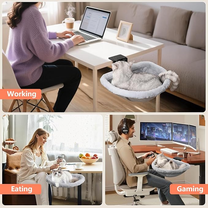 Secure Cat Desk Bed - Extra-Large Clamp & Sunken Hammock Design, Comfy Cat Desk Hammock with Faux Rabbit Fur Cover, Removable & Washable, Holds Up to 40lbs