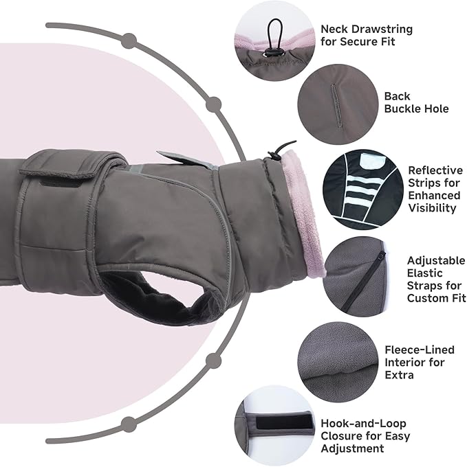 Dog Winter Coat for Small to Large Dogs(XS-XXXL)– Waterproof Windproof Fleece Lined Jacket with Reflective Trim,Pet Vest with Adjustable Buckles, Machine Washable Grey L