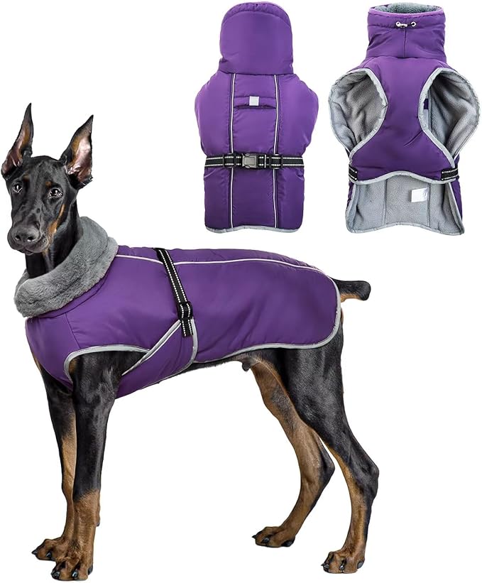 Warm Dog Jacket,3XL Dogs Reflective Adjustable Winter Coat with Turtleneck for Cold Weather,Waterproof Fleece Snowsuit Large Dogs,Pet Cold Weather Coats,Dog Winter Coat Windproof,Purple,3XL