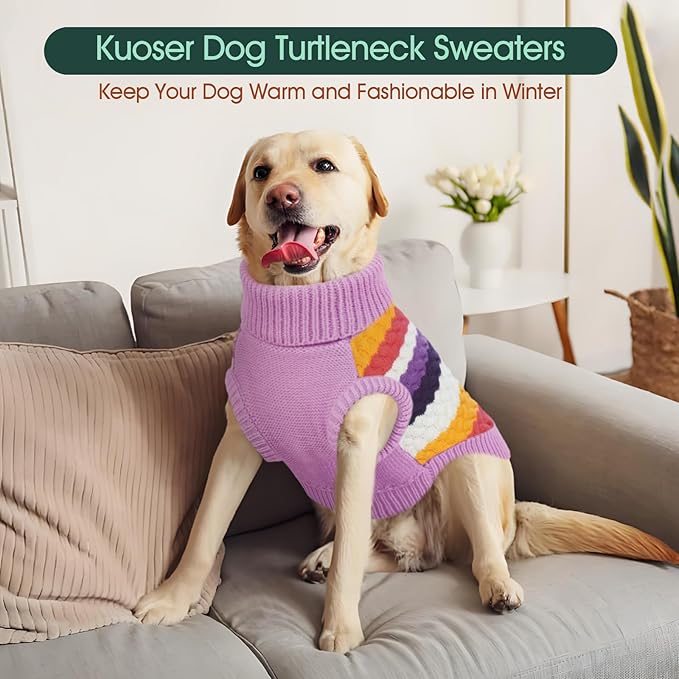 Kuoser Dog Sweater, Warm Dog Sweaters for Small Dogs Pet Christmas Clothing, Classic Cable Knitwear Cold Weather Thermal Pullover for Pug Dachshund Yorkie, Soft Puppy Turtleneck Sweatshirt, Purple S