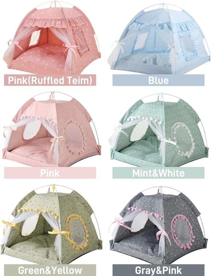 Cat Bed Tents Dog House Indoor Outdoor Lace Mesh Breathable Windows Door Curtains Removable Portable Nest Teepe House (Medium,Gray&Pink)
