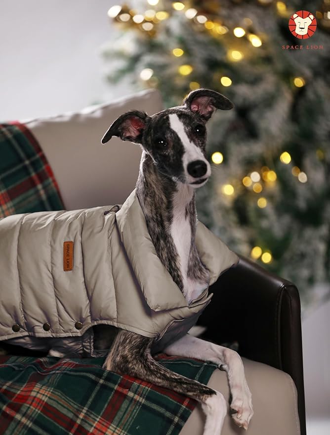 SPACE LION Dog Puffer Jacket, Down Winter Coat, Durable Outdoor Coat for Cold and Windy Conditions, Waterproof, Lightweight Jacket, Adjustable Fit for Small, Medium, Large Dogs(Khaki,14/L)