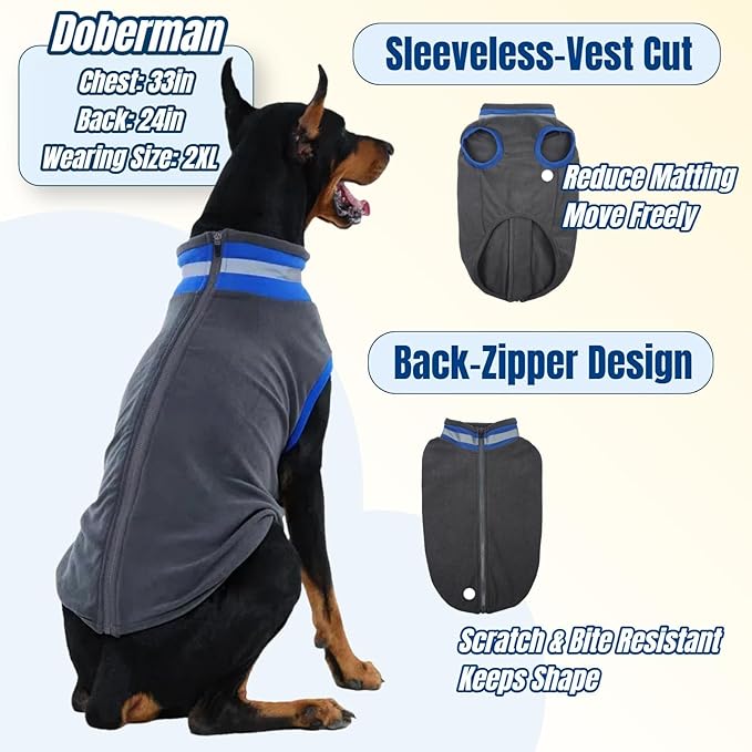 Winter Classic Warmth & Windproof Turtleneck Vest Fleece Dog Sweater, Lightweight & Ultra-Soft Coat for Large Dogs with Back-Zipper, Thermal Doggie Vests Clothes with Reflective Strips(Grey, 2XL)