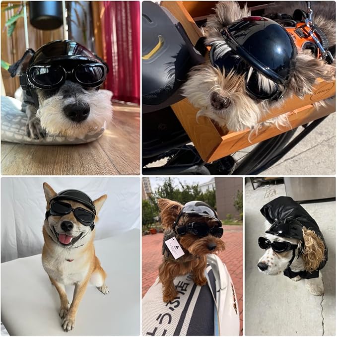 Dog Helmet and Goggles Small Breed, UV Protection Dog Goggles and Motorcycle Helmet with Ear Holes Adjustable Straps for Outdoor Biking, Black