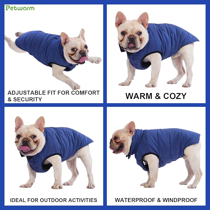 PetWarm Reversible Dog Cold Weather Coats, Waterproof Dog Puffer Vest, Vest for Dogs with Hook-and-Loop Strap, Windproof Outdoor Coat for Winter Walks and Snowy Days, Blue, 2XL