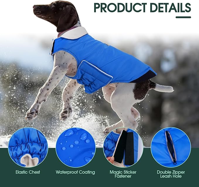 Kuoser Dog Coat Medium, Cold Weather Reflective Waterproof Dogs Jacket with Warm Fleece Lining, Turtleneck Dog Winter Coat with Zipper, Doggy Snow Jacket Pet Coats for Small Medium Large Dogs, Blue M