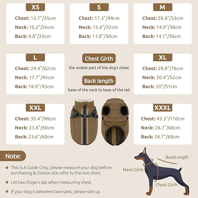 Dog Winter Coat with Harness Built in Warm Puffer Dog Jackets for Small Medium Large Dogs Windproof Waterproof Outfit with Plush Lining and Reflective Stripes (Brown, M)