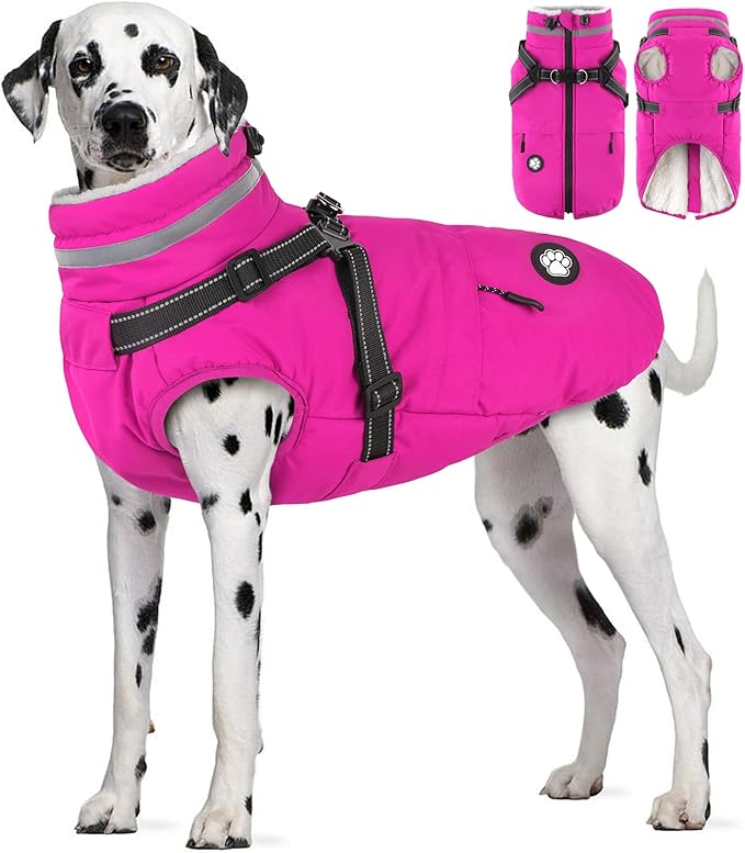 Dogcheer Dog Coat with Harness, Waterproof Dog Jacket Christmas Pet Winter Coat with Pockets, Reflective Doggy Turtleneck Fleece Jacket for Small Medium Large Dogs - Pink, XL