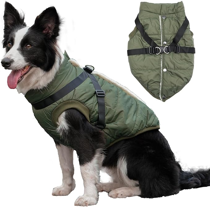 Dog Jacket with Harness,Fleece Lined Warm Puppy Coat for Winter,Soft Windproof Large Dog Vest,Green XXXL
