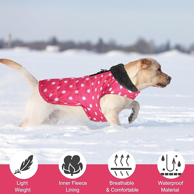 Dog Winter Coat, Waterproof Dog Jacket with Leash Hole, Reflective Adjustable Pet Snow Vest, Warm Fleece Sweater for Small Medium Large Dogs - Pink Polka Dot, 2XL