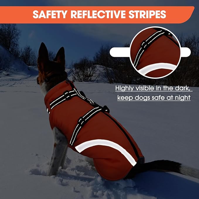 BRKURLEG Dog Winter Jackets for Large Dogs, Dog Coat with Harness Built in, Dogs Snowsuits with Zipper, Waterproof Windproof Pet Puffer Jacket Fleece Vest for Labrador, German Shepherd, Orange XXXL