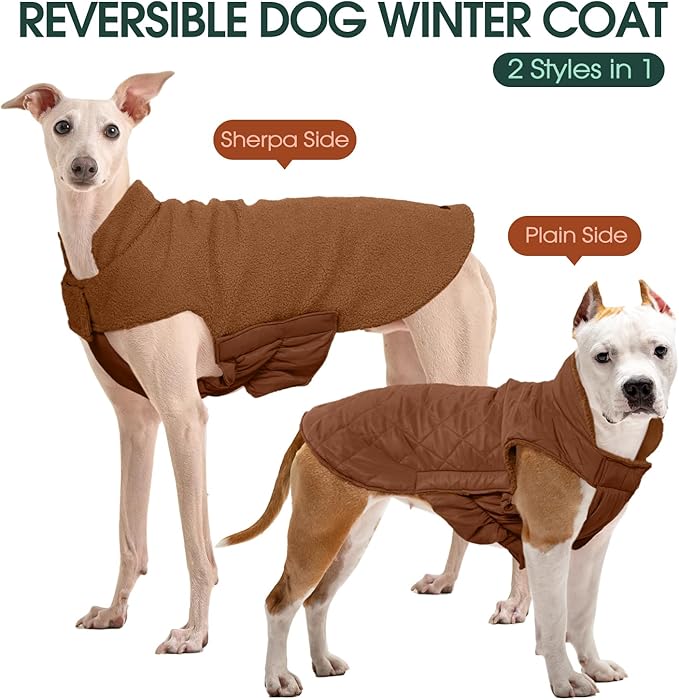Kuoser Reversible Dog Coat – Warm Fleece & Quilted Waterproof Dog Jacket, Double-Sided Cold Weather Dogs Winter Coat with Harness Hole, Windproof Pet Snow Vest for Small Medium Large Dogs, Brown M