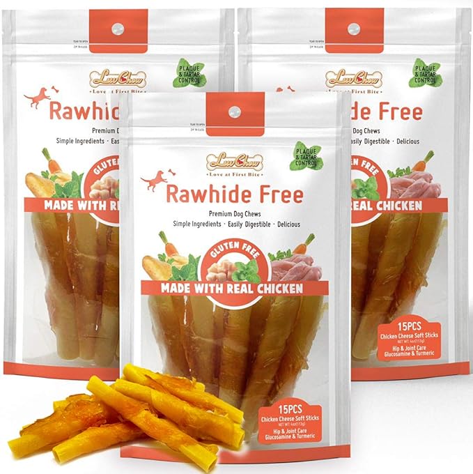 Chicken Wrapped Dog Bone Treat Sticks with Turmeric, Easy to Digest, Non-Rawhide Soft Chicken Cheese Dog Chew Treats 15pcs/Pack (Medium 4.5" 15pcs/Pack x 3packs)