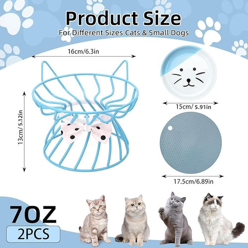 2PCS Ceramic Shallow Cat Food Dishes with Non-Slip Mat, Elevated Cat Food Bowl with Raised Metal Stand, Small Dog Bowl, Whisker Fatigue Pet Food Plate, Dishwasher Safe