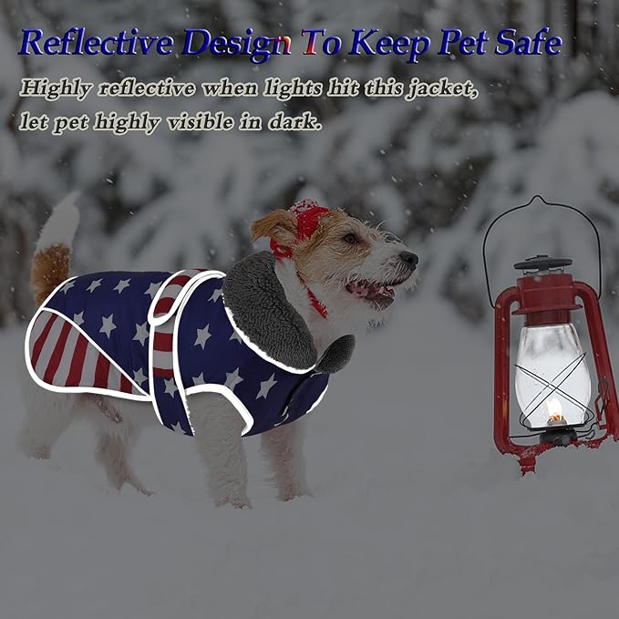 Dogcheer Dog Coat, American Flag Dog Jacket Waterproof Puppy Winter Coat for Cold Weather, Reflective Adjustable Pet Snow Jacket Fleece Sweater for Small Medium Large Dogs - USA Flag, L