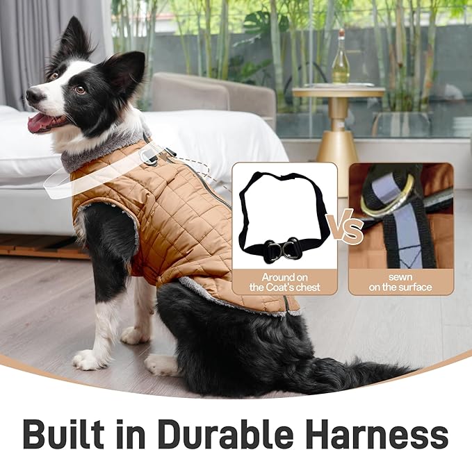 Warm Fleece Dog Coats with Durable Harness Buitl in D-Ring,Waterproof Doggie Jacket for Medium Dogs,Dog Vest for Cold Winter,Burnished Khaki XL