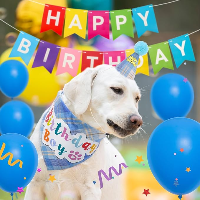 SCENEREAL Dog Birthday Bandana Hat Set, Puppy Birthday Party Supplies for Boys Dogs, Pet Birthday Scarf Outfit with Sign Banner and Balloons for Small Medium Large Dogs
