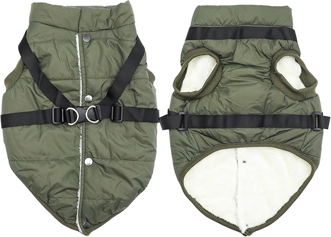 Dog Jacket with Harness,Fleece Lined Warm Puppy Coat for Winter,Soft Windproof Large Dog Vest,Green XXXL