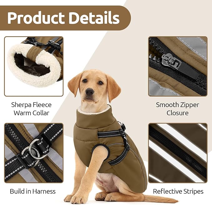 Dog Winter Coat with Harness Built in Warm Puffer Dog Jackets for Small Medium Large Dogs Windproof Waterproof Outfit with Plush Lining and Reflective Stripes (Brown, 3XL)