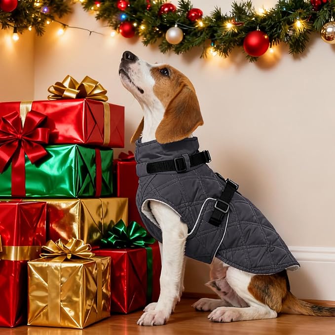 Kuoser Dog Coat Warm Fleece Lining Turtleneck Dog Jacket with Harness Built-in, Adjustable Windproof Cold Weather Coats with Quick Release Buckle Pet Winter Snowsuit for Extra Small Dogs, Grey XS