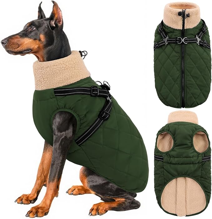 Queenmore Dog Jacket, Dog Coats for Large Dogs, Large Pet Coat with Harness Built in, Thick Fleece Snow Jacket for Extra Large Breeds, Waterproof Windproof Pet Apparel Cold Weather, ArmyGreen 3XL