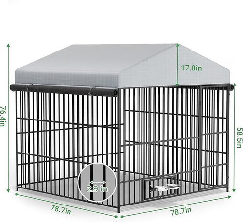 6.6 x 6.6 x 6.4 ft Outdoor Dog Kennels - Outside Dog Run Kennel with Waterproof Roof, Heavy Duty Outdoor Dog Enclosure with Rotating Feeding Bowls