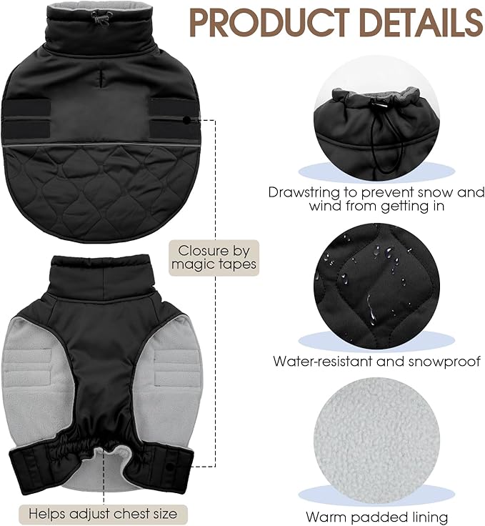 FUAMEY Winter Coats for Medium Dogs Windproof, Thermal Dog Jacket Cold Weather Outdoor, Turtleneck Waterproof Fleece Puppy Vest Snow Suit with Harness Hole (Black, M)